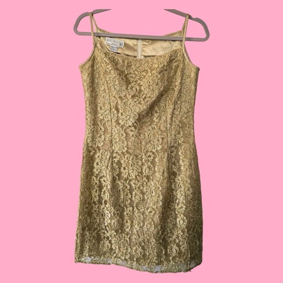 Vintage Jessica McClintock Gunne Sax Gold Lace Mini Dress Size 7/8 - Picture 2 of 6